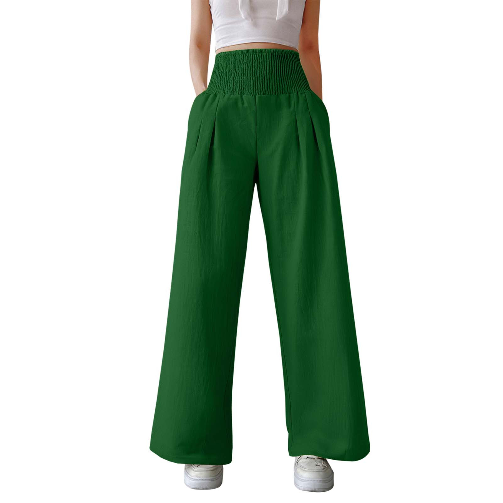thumbnail image 1 of Pantalones anchos de cintura alta para mujer: elásticos, de color liso, con bolsillos y cinturón, para llevar a diario de forma informal. Tallas: M-XXXL., 1 of 5
